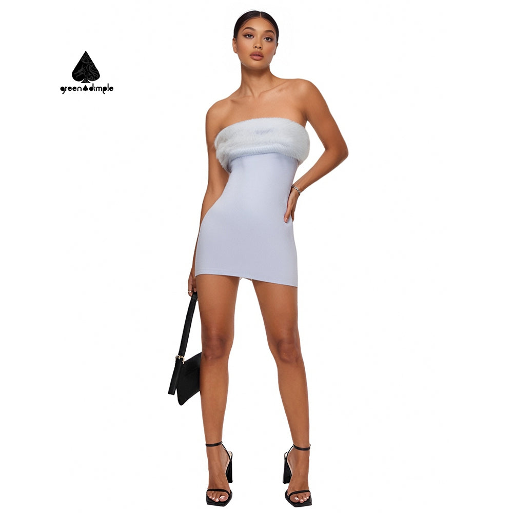 Off Shoulder Sexy Mini Sheath Tube Club Party Dress with Fur