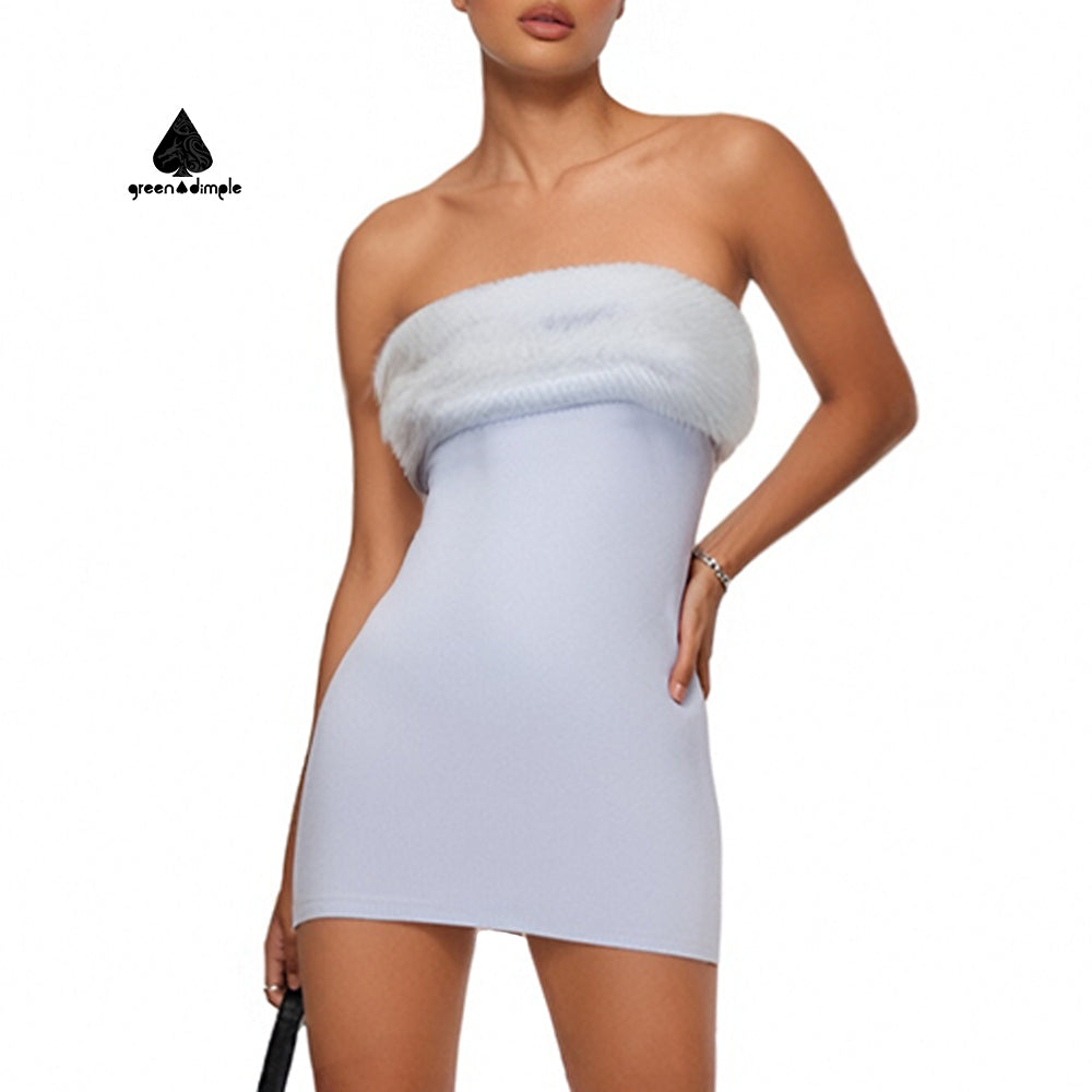 Off Shoulder Sexy Mini Sheath Tube Club Party Dress with Fur