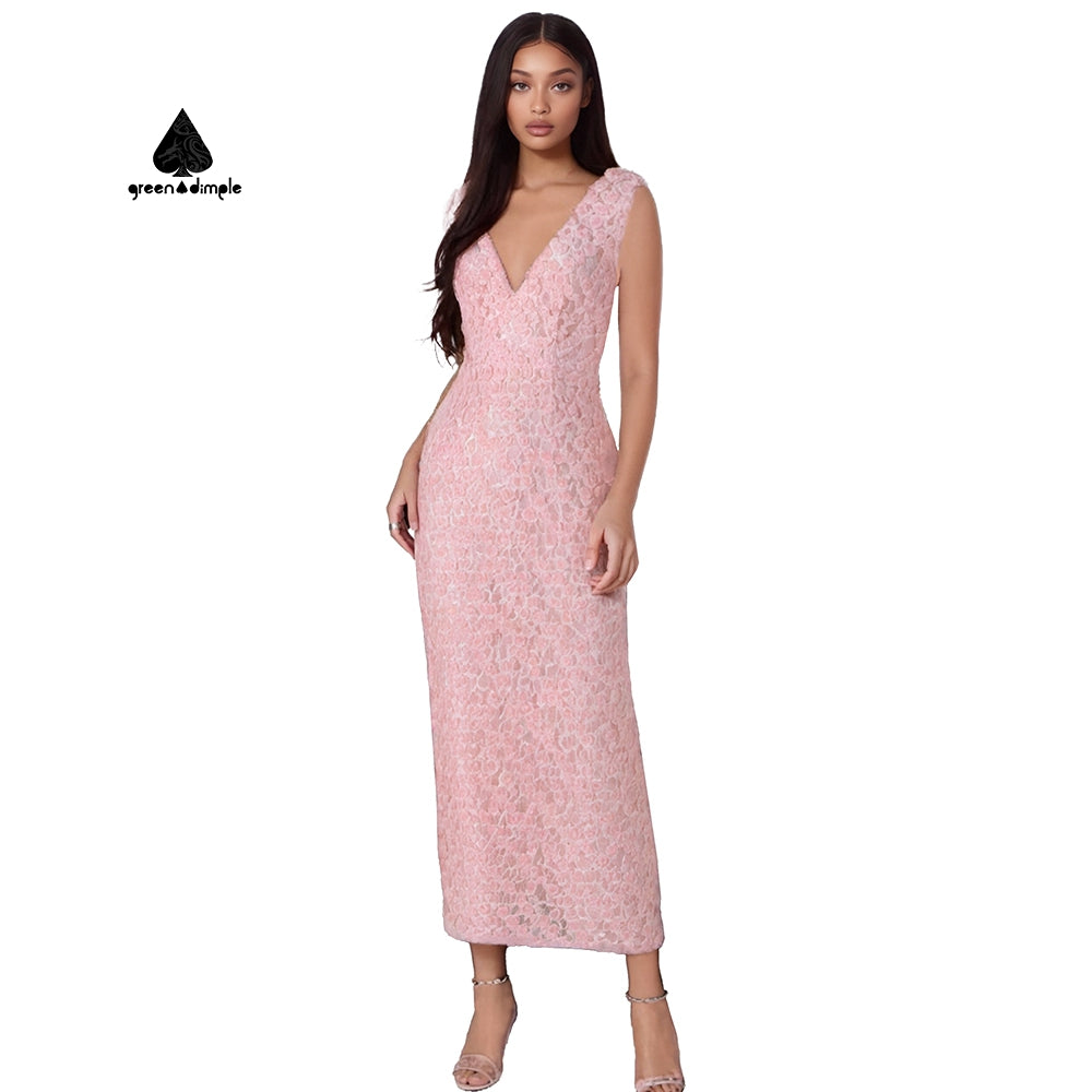 Pink Casual V-Neck Lace EMBROIDERY flower Long Dress
