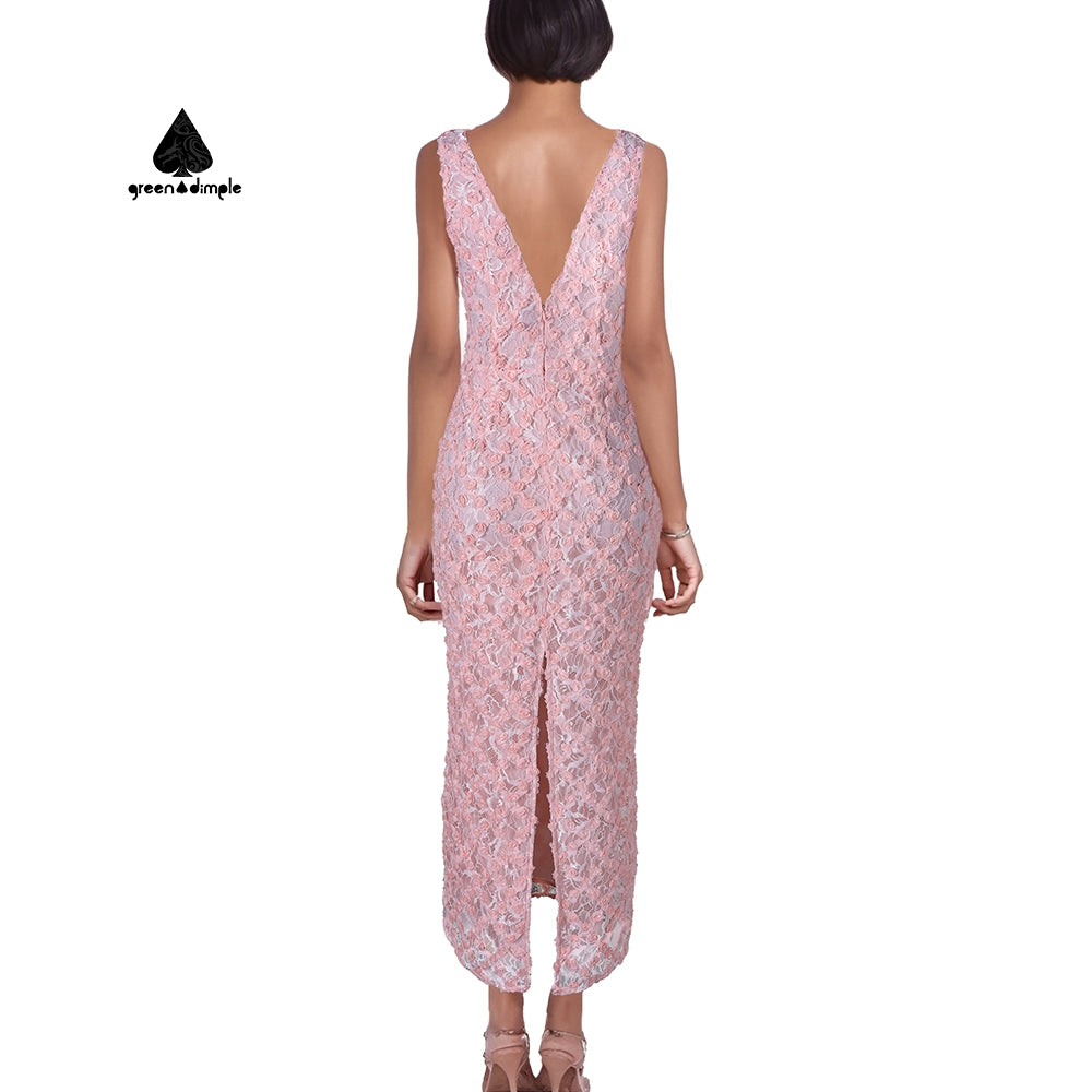 Pink Casual V-Neck Lace EMBROIDERY flower Long Dress