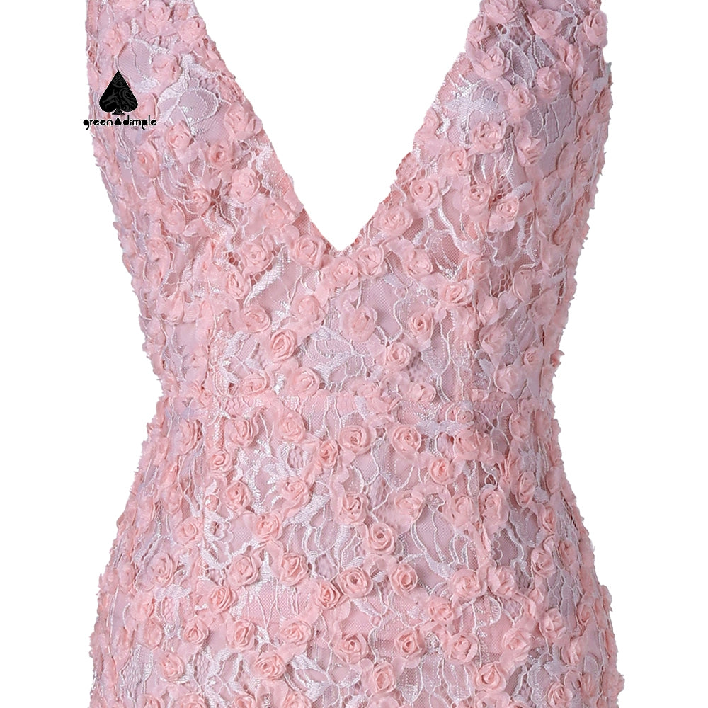 Pink Casual V-Neck Lace EMBROIDERY flower Long Dress
