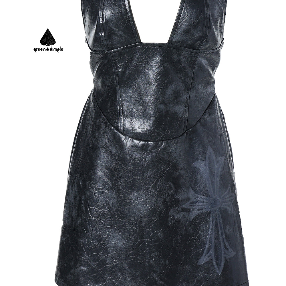 Plus size Sexy fashion Deep V halter-neck short Leather Dress