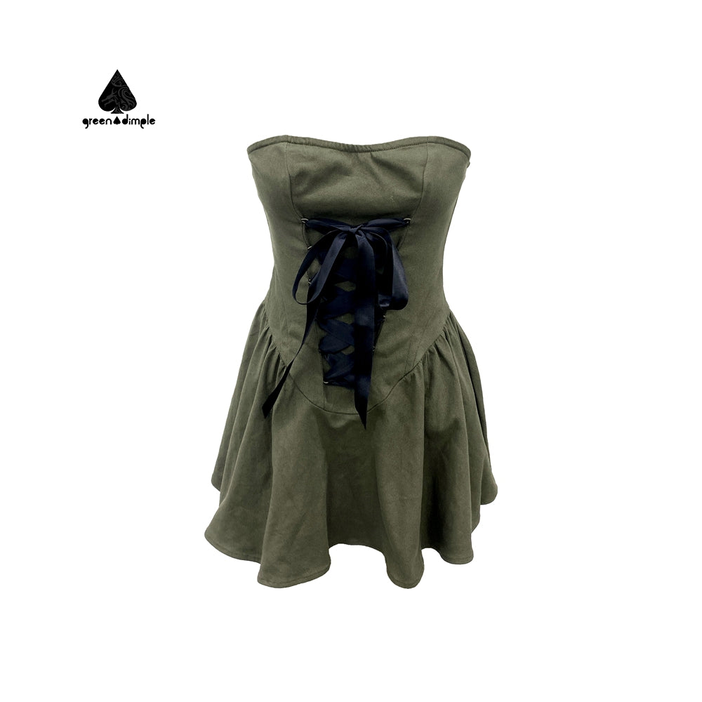Army green Off Shoulder Pleated Dress with draw string ribbon