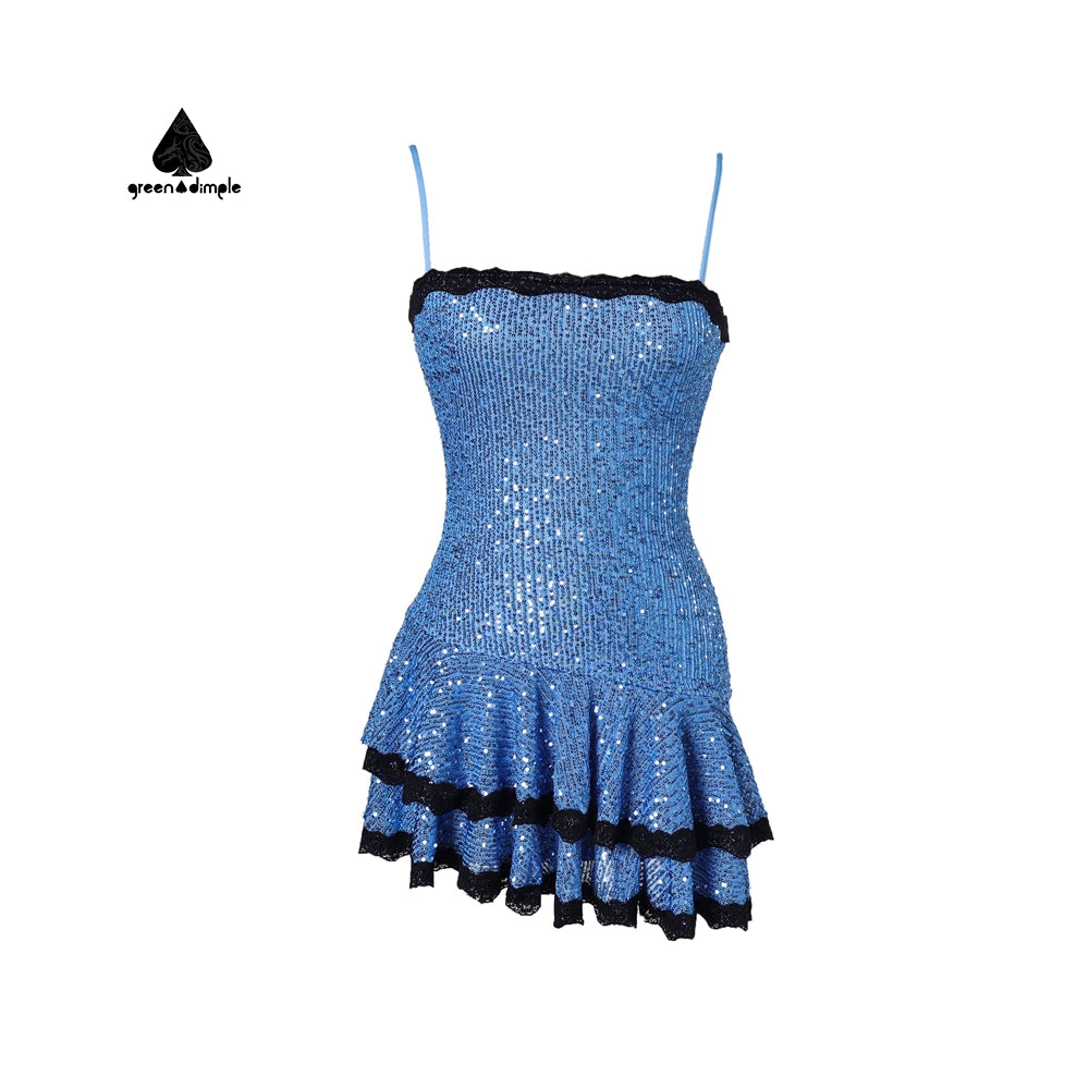 Spaghetti Strap pleated Mini sequined Glitter Party Dress