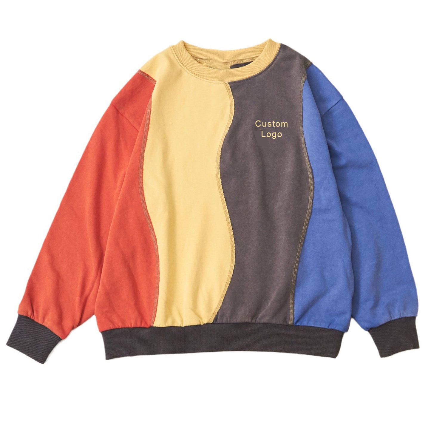 Women Crew Neck Color Block Patchwork Design Sweatshir