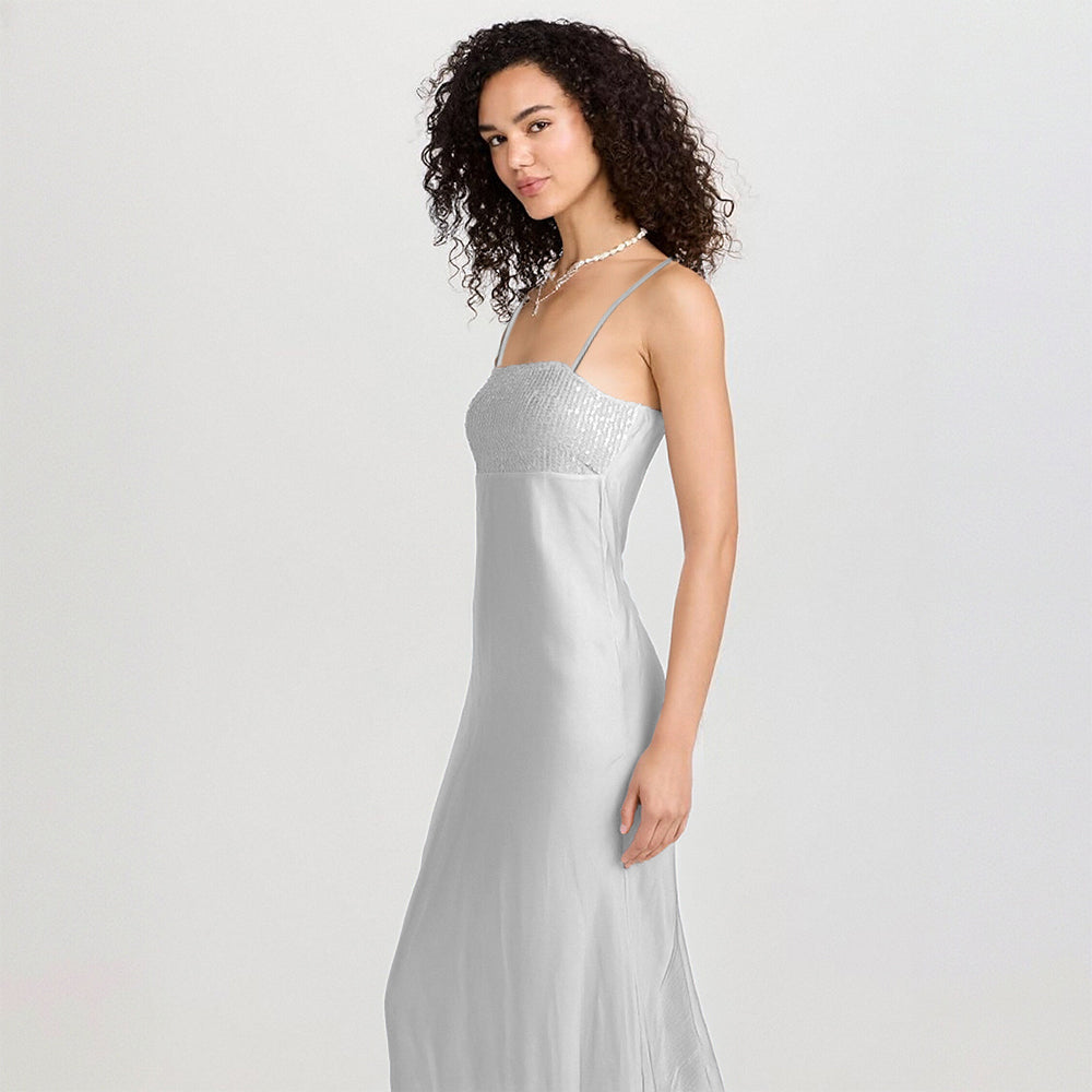 Spaghetti Strap Sequined Satin Elegant Evening Dress