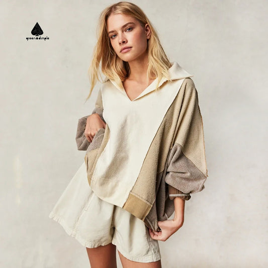 High Quality Women's Color Patchwork Cotton Fleece Sweatshirt