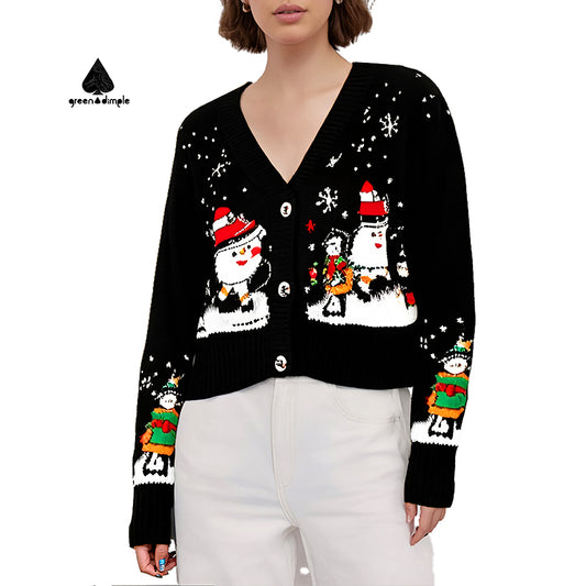 Christmas Oversized Jacquard Sweater Snowman Button Knitted Cardigan