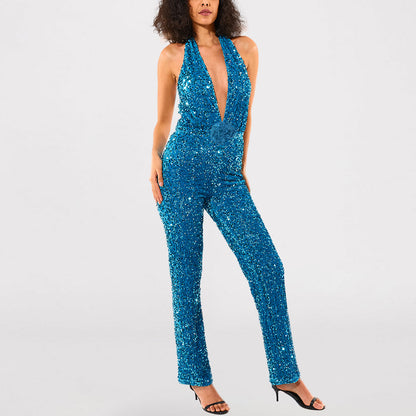 Sexy low cut v halter neck sequined blue evening party jumpsuit