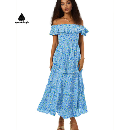 Blue Summer Casual floral Off Shoulder long dresses