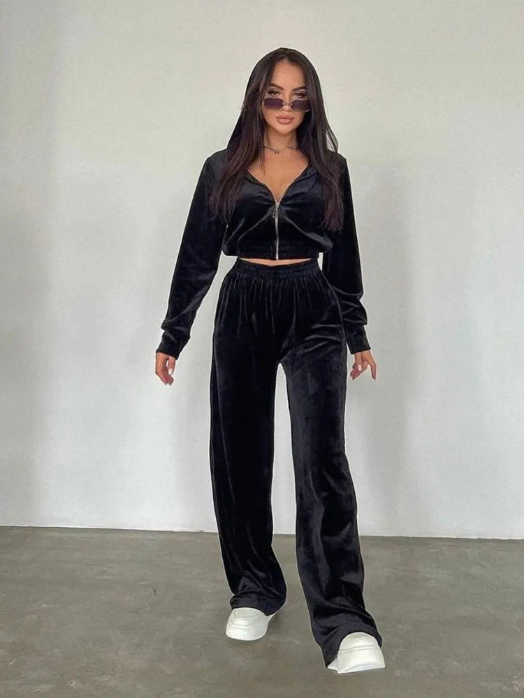 Velvet Two Piece Sport Pant Cropped Zip up Hoodie Sets