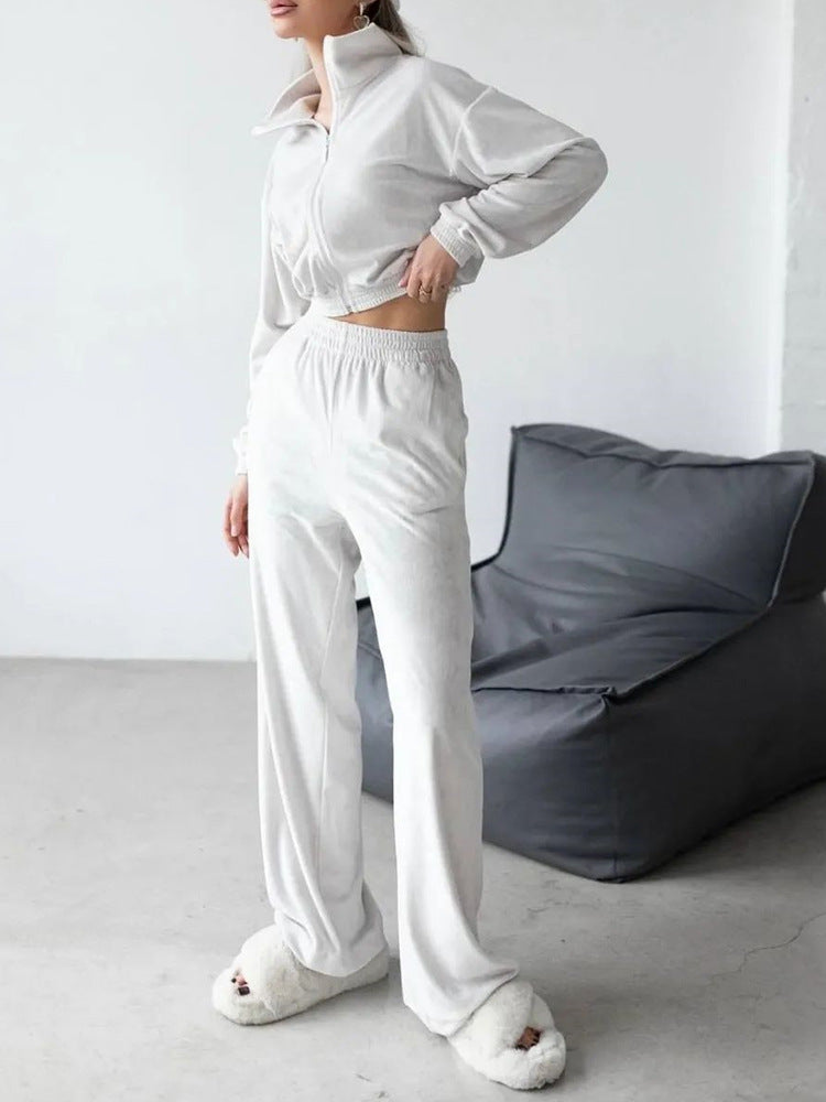 Velvet Two Piece Sport Pant Cropped Zip up Hoodie Sets