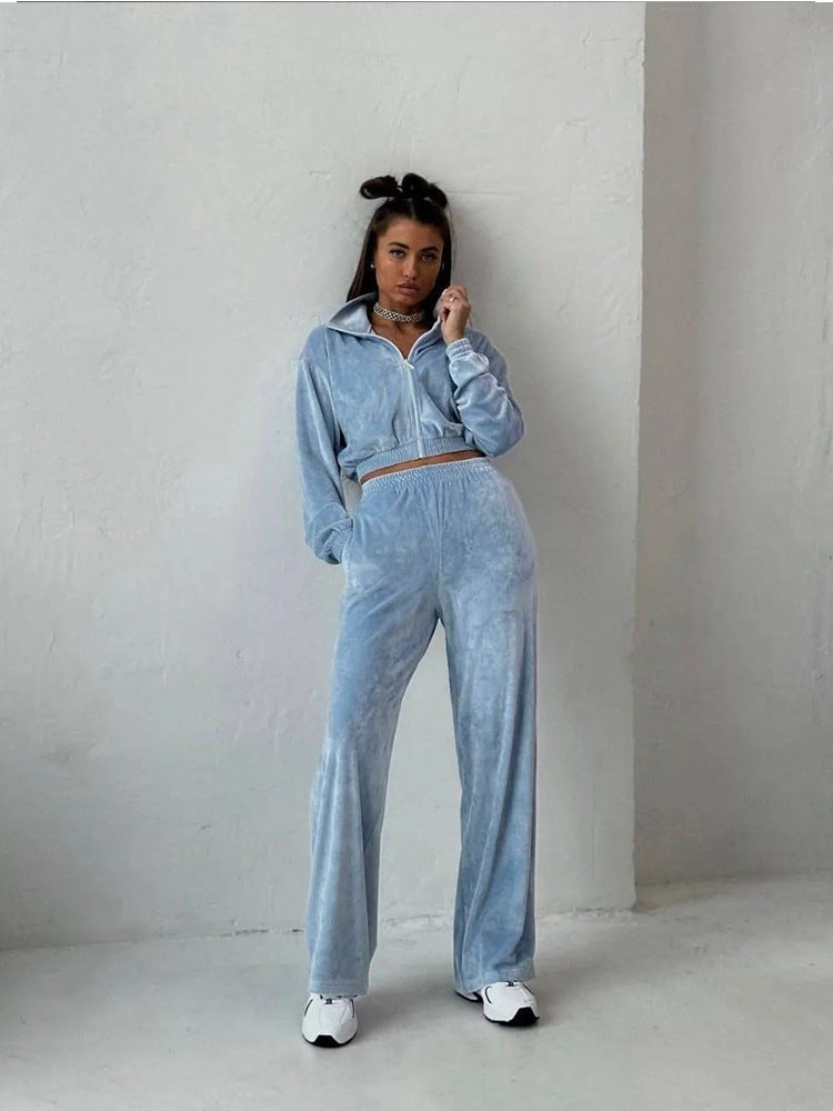 Velvet Two Piece Sport Pant Cropped Zip up Hoodie Sets