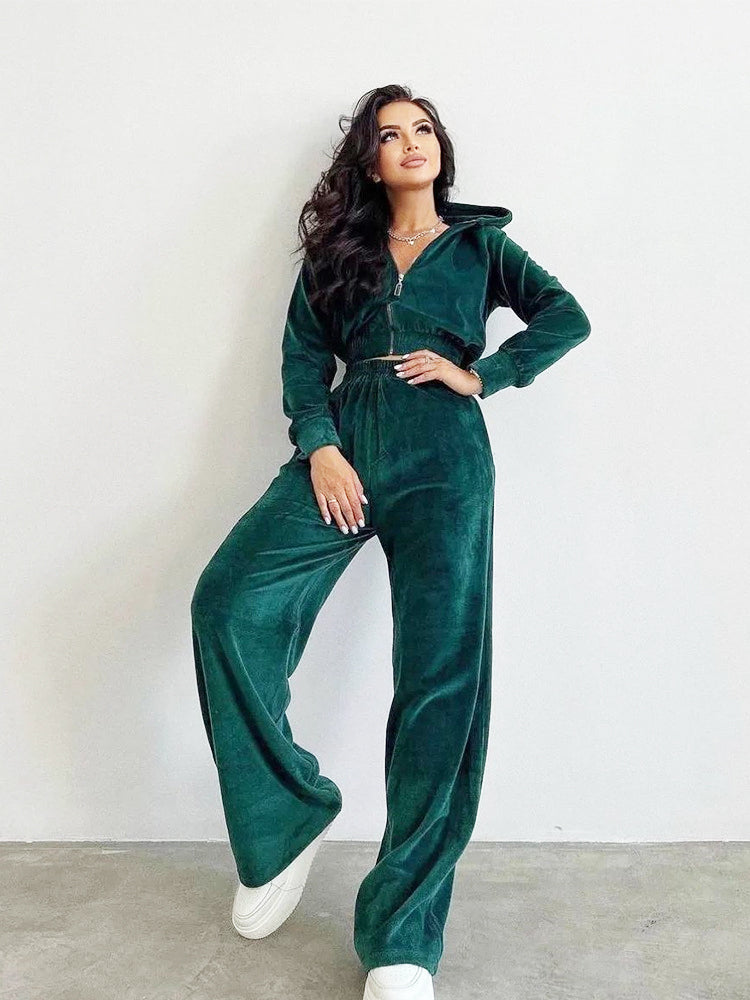 Velvet Two Piece Sport Pant Cropped Zip up Hoodie Sets