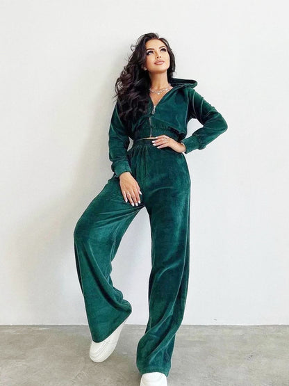 Velvet Two Piece Sport Pant Cropped Zip up Hoodie Sets