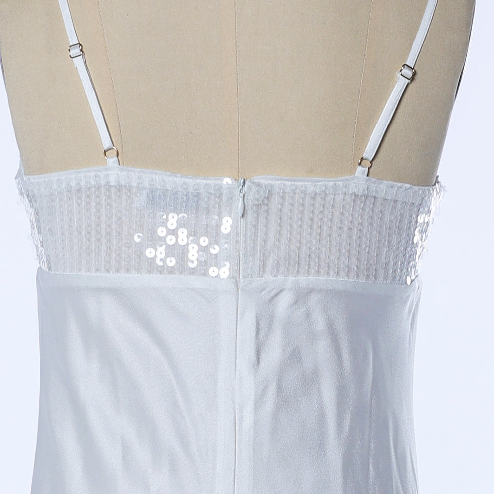 Spaghetti Strap Sequined Satin Elegant Evening Dress