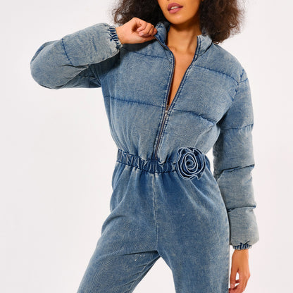 Park Place Puffer Denim Jumpsuit - Light Wash