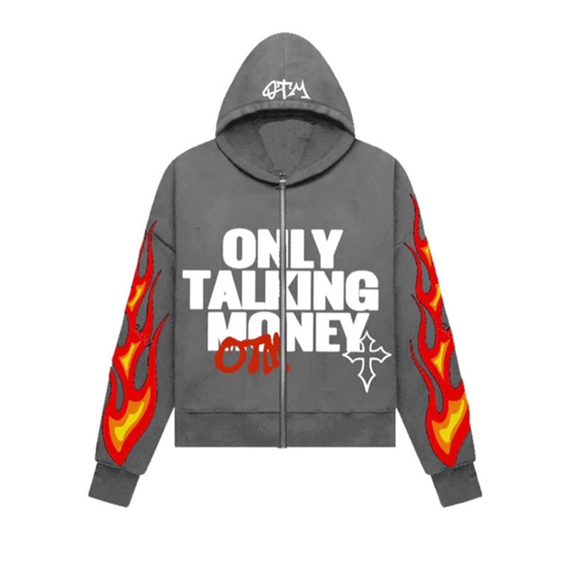 Y2K American fashion personality customize drop shoulder hip-hop cardigan hoodie