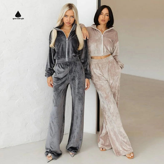 Velvet Two Piece Sport Pant Cropped Zip up Hoodie Sets
