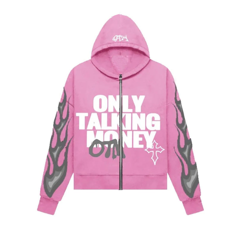 Y2K American fashion personality customize drop shoulder hip-hop cardigan hoodie