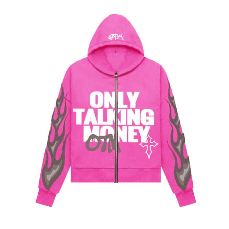 Y2K American fashion personality customize drop shoulder hip-hop cardigan hoodie