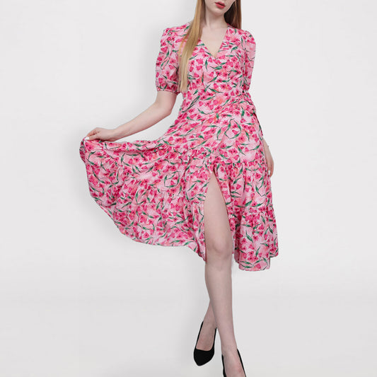 Watch Me Grow Pink Floral Print Cold-Shoulder High Dress