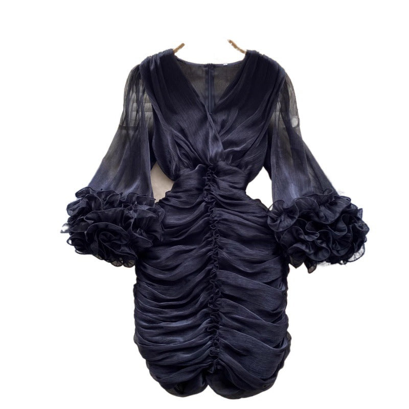 New Spring Pleated Irregular Ruffled V-Neck Dress Long Sleeve Dress