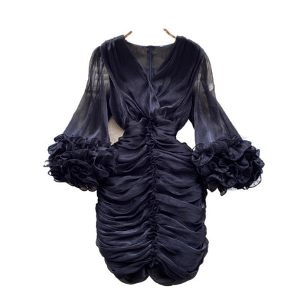 New Spring Pleated Irregular Ruffled V-Neck Dress Long Sleeve Dress