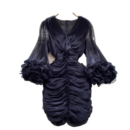New Spring Pleated Irregular Ruffled V-Neck Dress Long Sleeve Dress