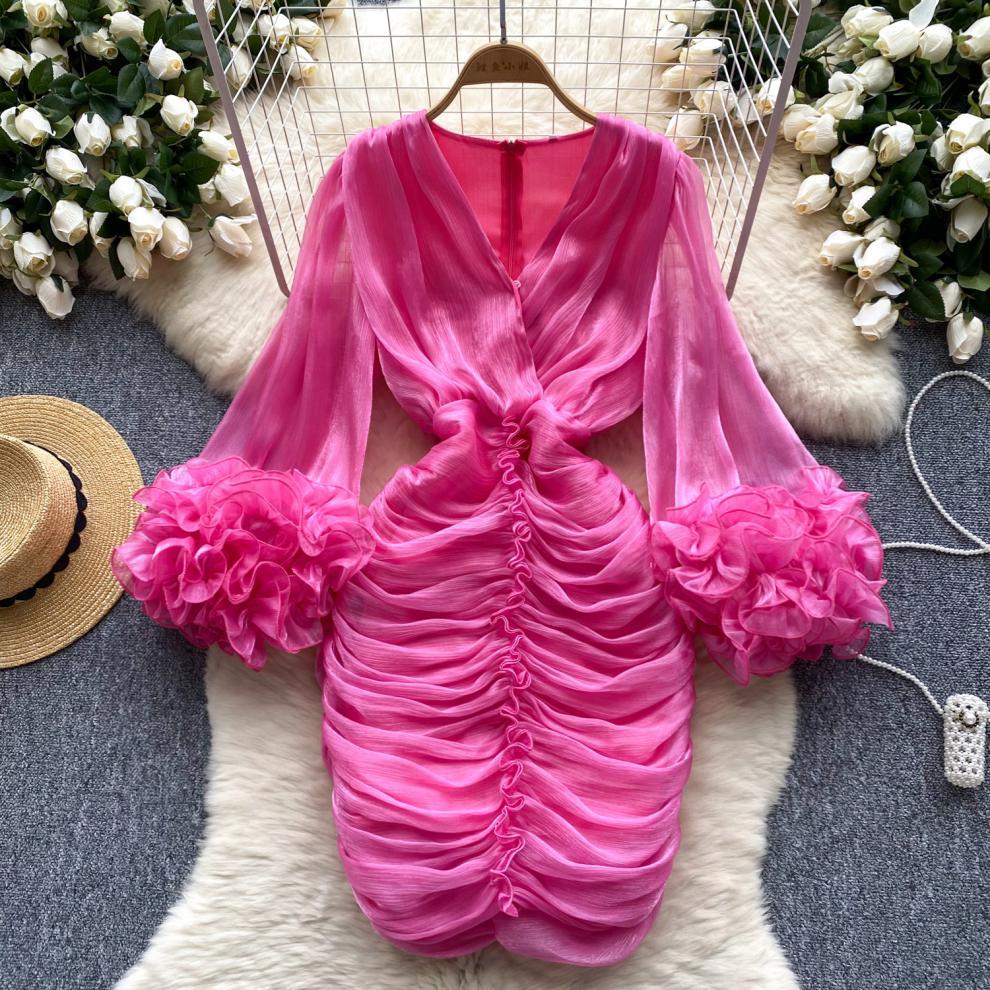 New Spring Pleated Irregular Ruffled V-Neck Dress Long Sleeve Dress