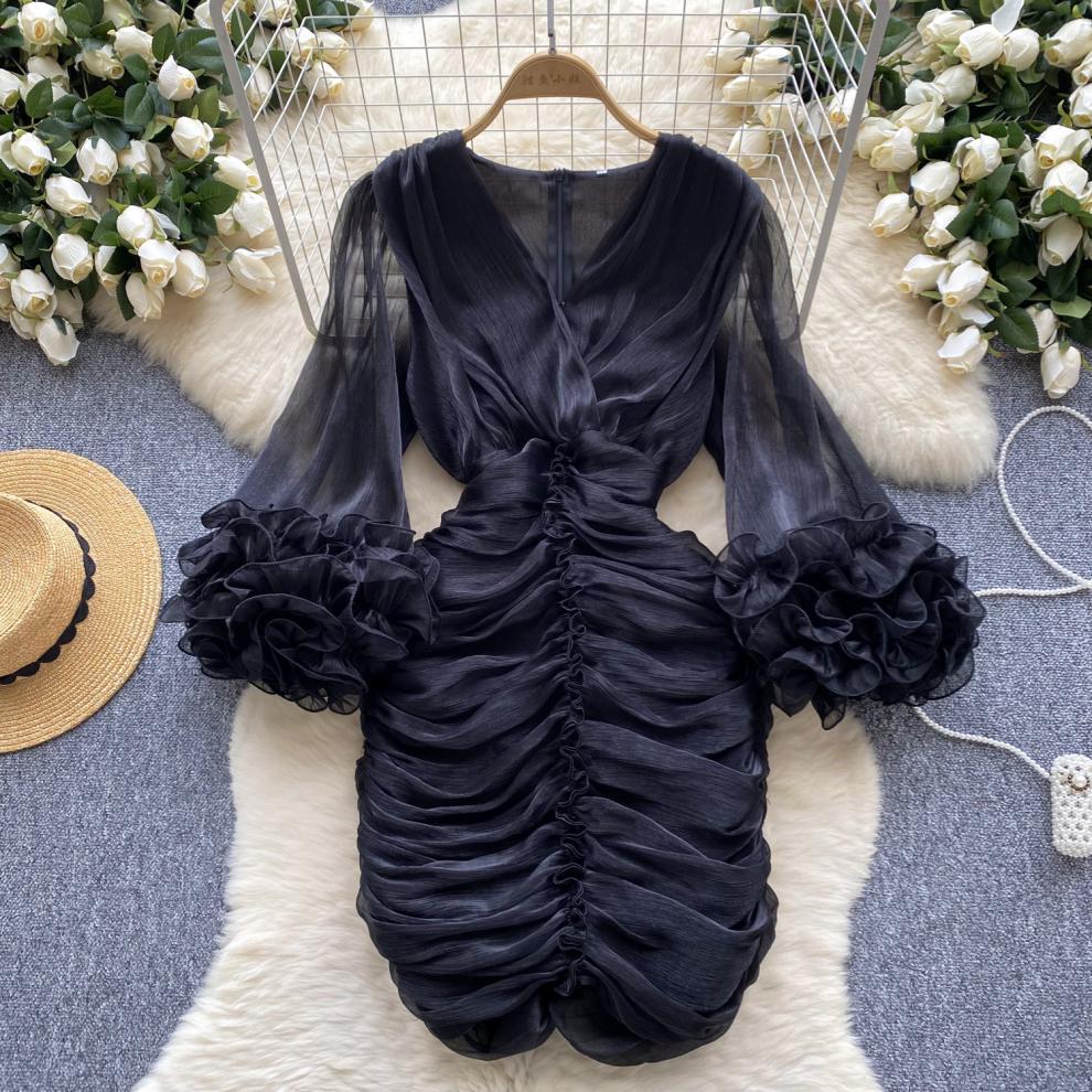 New Spring Pleated Irregular Ruffled V-Neck Dress Long Sleeve Dress