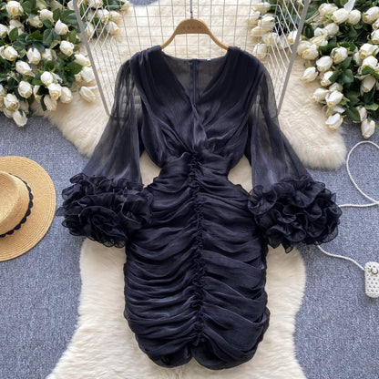 New Spring Pleated Irregular Ruffled V-Neck Dress Long Sleeve Dress