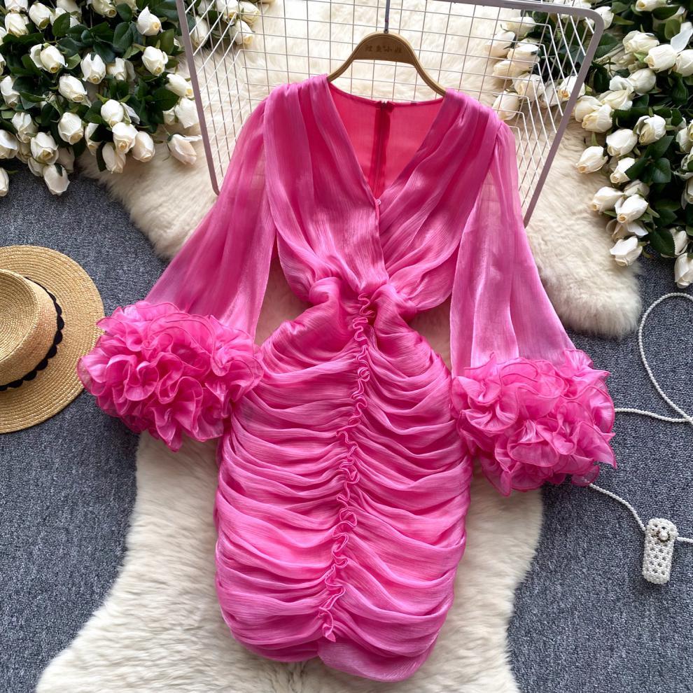 New Spring Pleated Irregular Ruffled V-Neck Dress Long Sleeve Dress