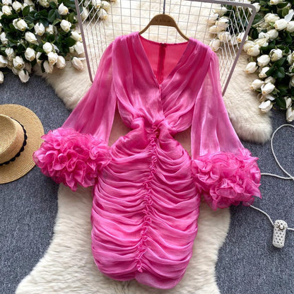 New Spring Pleated Irregular Ruffled V-Neck Dress Long Sleeve Dress