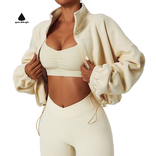 Women's Cropped Fleece Jacket Loose Fit Zip up Sports Sweatshirt for Yoga Gym Workout Casual Wear