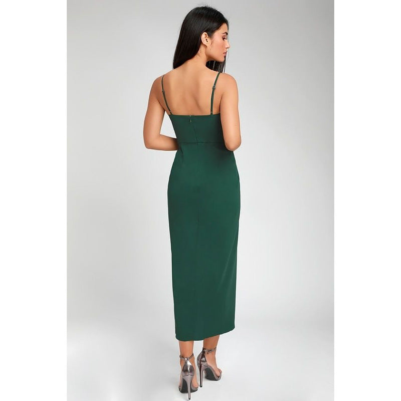 Women's Spaghetti Strap Deep V Neck Bodycon Slit Evening Party Dress