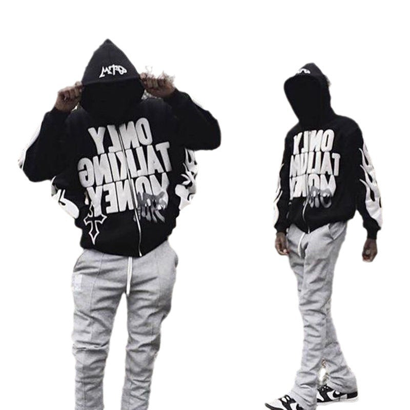 Y2K American fashion personality customize drop shoulder hip-hop cardigan hoodie