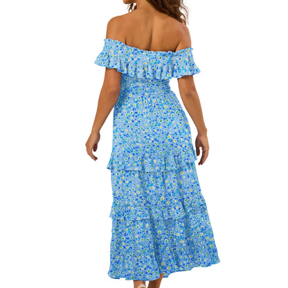 Blue Summer Casual floral Off Shoulder long dresses