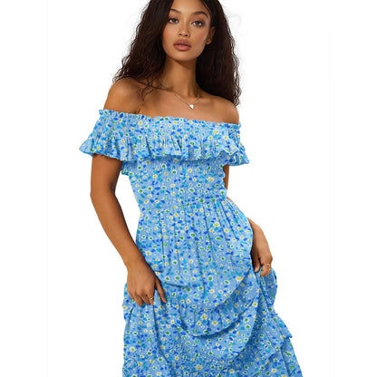 Blue Summer Casual floral Off Shoulder long dresses