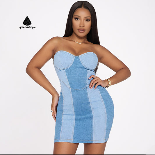 Plus Size women mini bodycon tube Patchwork Denim Dress