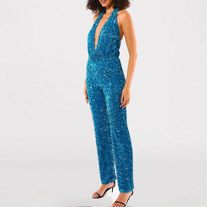 Sexy low cut v halter neck sequined blue evening party jumpsuit