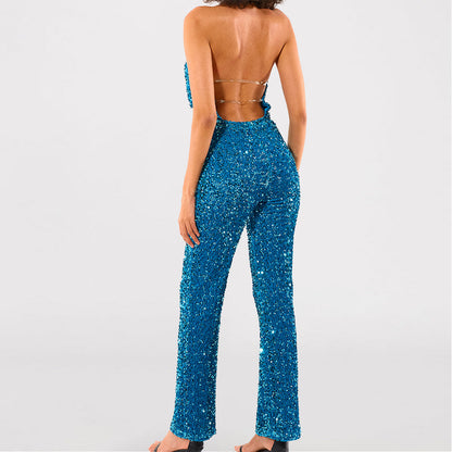 Sexy low cut v halter neck sequined blue evening party jumpsuit