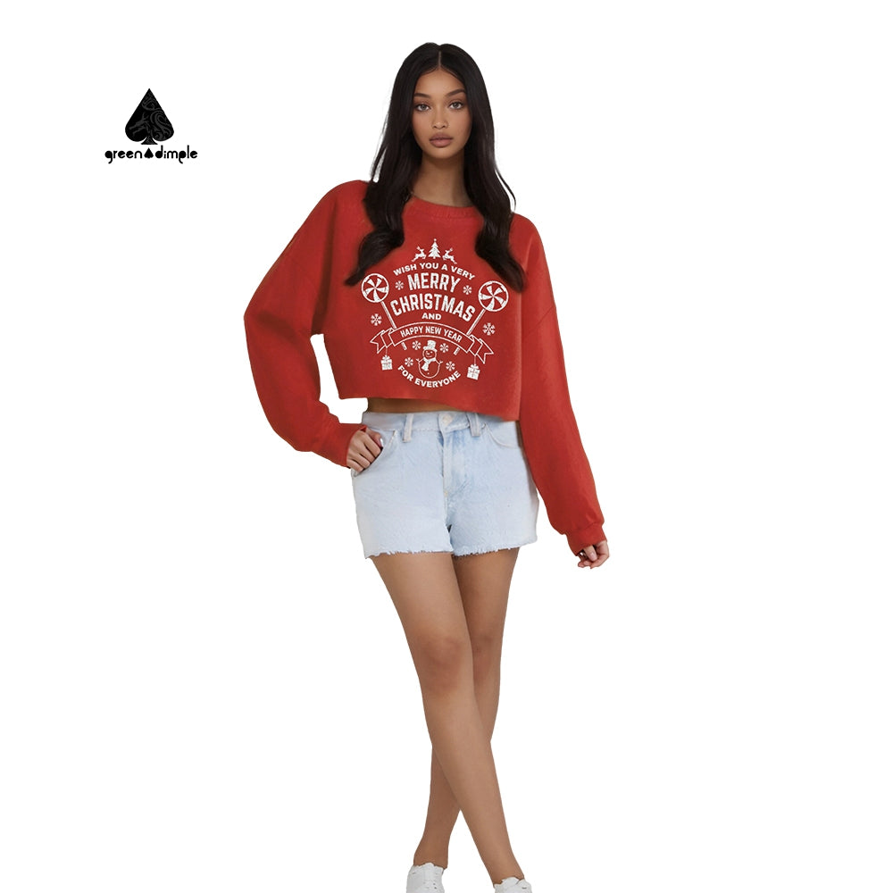 100% Cotton RED Crop Sweater Christmas Sweatshirts