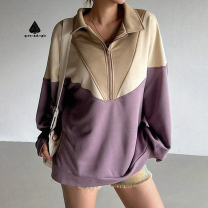 Women's Half-Zip Loose Outdoor Streetwear Patchwork Pullover