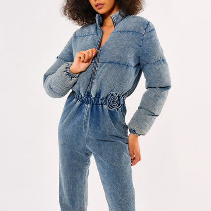 Park Place Puffer Denim Jumpsuit - Light Wash