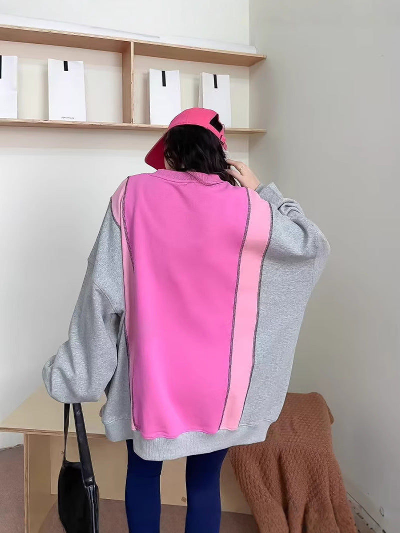 Women Color Block Patchwork Graphic Print Oversized Sweatshirt
