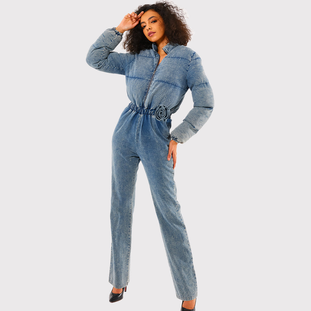 Park Place Puffer Denim Jumpsuit - Light Wash