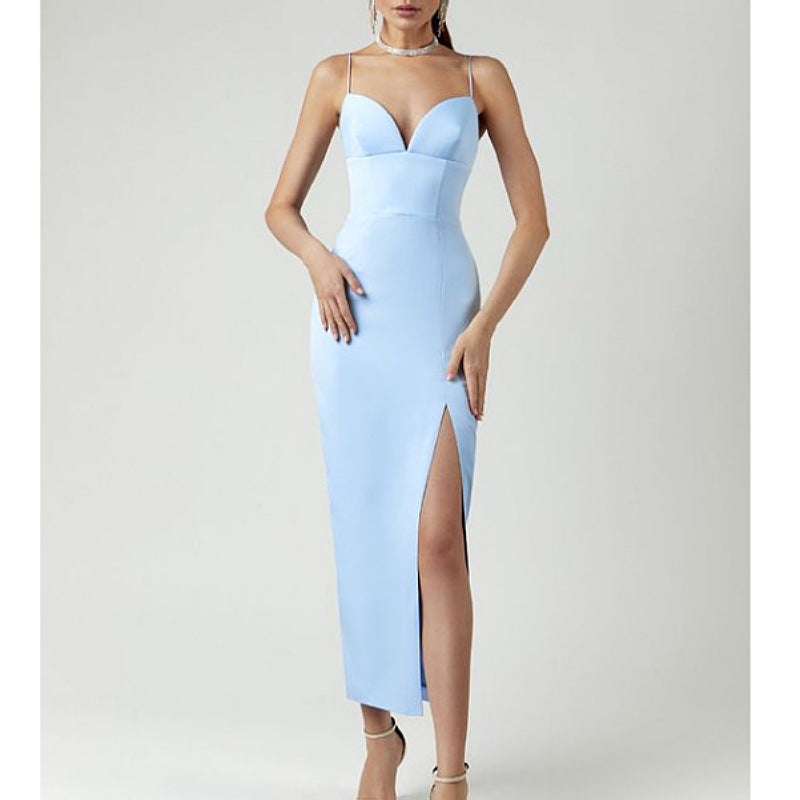 Women's Spaghetti Strap Deep V Neck Bodycon Slit Evening Party Dress