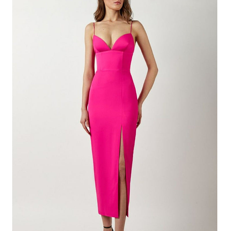 Women's Spaghetti Strap Deep V Neck Bodycon Slit Evening Party Dress