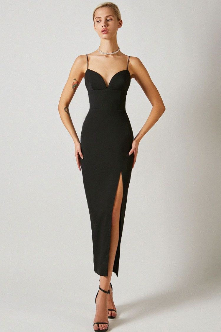 Women's Spaghetti Strap Deep V Neck Bodycon Slit Evening Party Dress